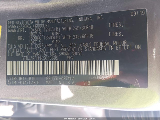 45960178 :رقم المزاد ، 5TDJZRFH1KS618505 vin ، 2019 Toyota Highlander Xle مزاد بيع