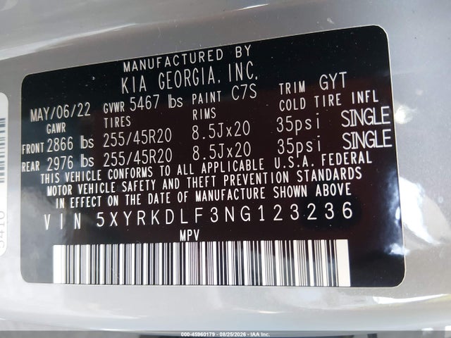 2022 Kia Sorento Sx მანქანა იყიდება აუქციონზე, vin: 5XYRKDLF3NG123236, აუქციონის ნომერი: 45960179