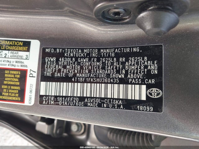 Продажа на аукционе авто 2017 Toyota Camry Se, vin: 4T1BF1FK5HU360435, номер лота: 45960188