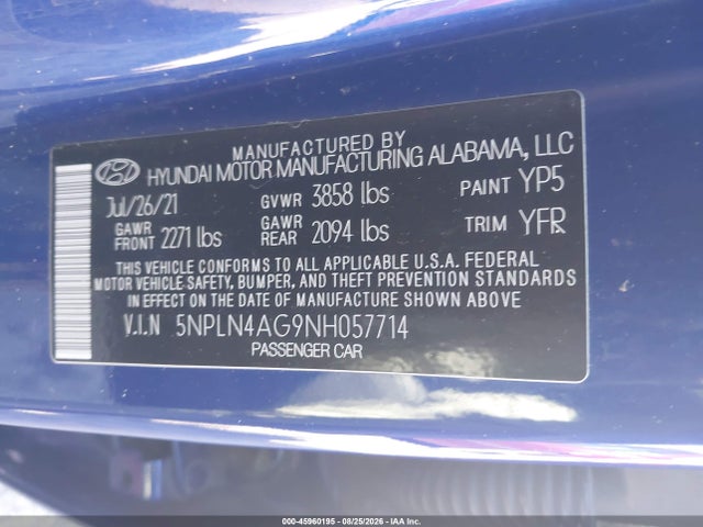 Продаж на аукціоні авто 2022 Hyundai Elantra Sel, vin: 5NPLN4AG9NH057714, номер лоту: 45960195
