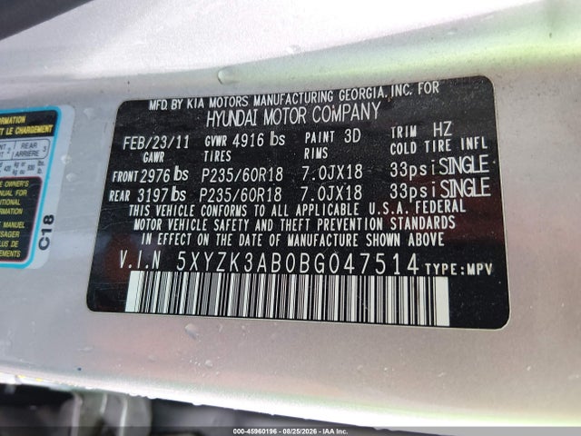 45960196 :رقم المزاد ، 5XYZK3AB0BG047514 vin ، 2011 Hyundai Santa Fe Limited مزاد بيع