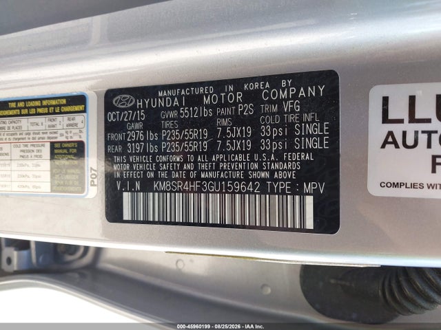 Продаж на аукціоні авто 2016 Hyundai Santa Fe Limited, vin: KM8SR4HF3GU159642, номер лоту: 45960199