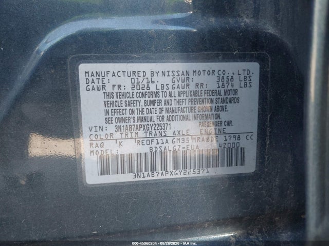 Aukcja sprzedaży 2016 Nissan Sentra Sl, vin: 3N1AB7APXGY225371, numer aukcji: 45960204