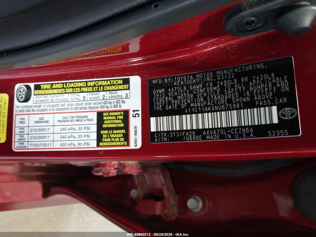 Продаж на аукціоні авто 2022 Toyota Camry Le, vin: 4T1C11AKXNU675981, номер лоту: 45960212
