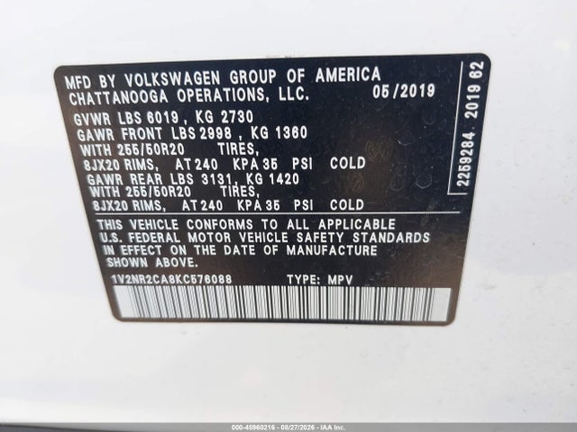 45960216 :رقم المزاد ، 1V2NR2CA8KC576088 vin ، 2019 Volkswagen Atlas 3.6l V6 Sel Premium مزاد بيع