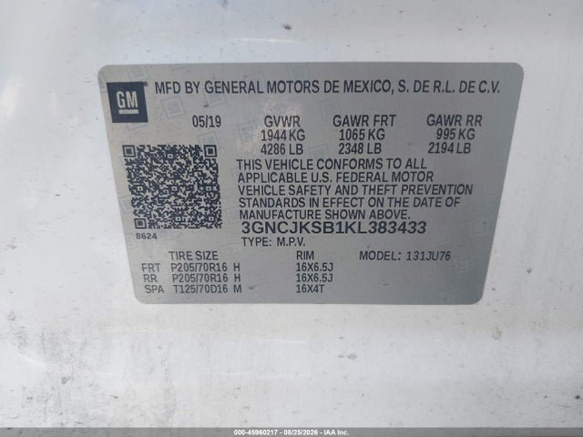 Продажа на аукционе авто 2019 Chevrolet Trax Ls, vin: 3GNCJKSB1KL383433, номер лота: 45960217