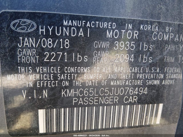 Продаж на аукціоні авто 2018 Hyundai Ioniq Hybrid Blue, vin: KMHC65LC5JU076494, номер лоту: 45960221