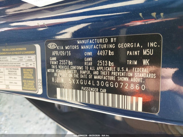 Aukcja sprzedaży 2016 Kia Optima Ex, vin: 5XXGU4L30GG072860, numer aukcji: 45960226