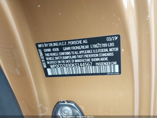 45960227 :رقم المزاد ، WP0CD2A90KS144567 vin ، 2019 Porsche 911 Turbo مزاد بيع