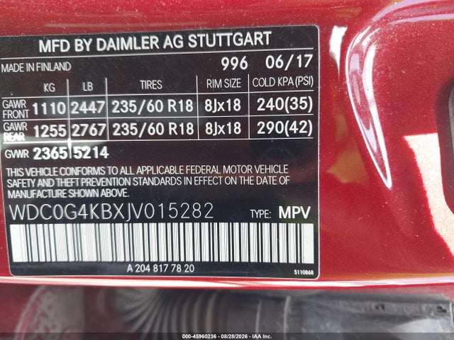 Aukcja sprzedaży 2018 Mercedes-benz Glc 300 4matic, vin: WDC0G4KBXJV015282, numer aukcji: 45960236