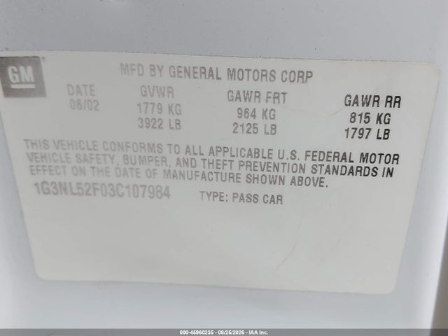 2003 Oldsmobile Alero Gl1 მანქანა იყიდება აუქციონზე, vin: 1G3NL52F03C107984, აუქციონის ნომერი: 45960235