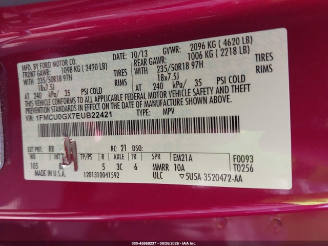 45960237 :رقم المزاد ، 1FMCU0GX7EUB22421 vin ، 2014 Ford Escape Se مزاد بيع