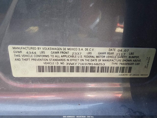 Продажа на аукционе авто 2007 Volkswagen Jetta Wolfsburg Edition, vin: 3VWEF71K97M168253, номер лота: 45960253