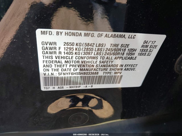 Продажа на аукционе авто 2017 Honda Pilot Ex-l, vin: 5FNYF6H55HB033688, номер лота: 45960266