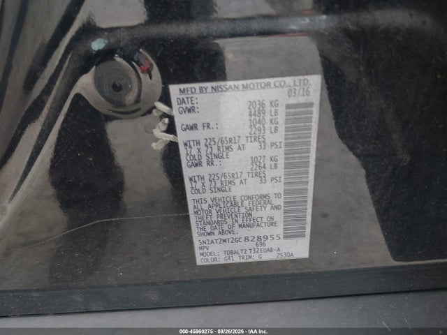 45960275 :رقم المزاد ، 5N1AT2MT2GC828955 vin ، 2016 Nissan Rogue Sv مزاد بيع