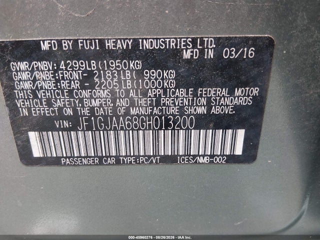 45960276 :رقم المزاد ، JF1GJAA68GH013200 vin ، 2016 Subaru Impreza 2.0i مزاد بيع