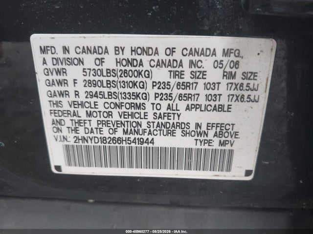 Продажа на аукционе авто 2006 Acura Mdx, vin: 2HNYD18266H541944, номер лота: 45960277