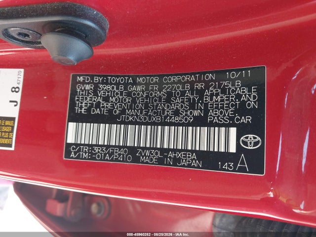45960282 :رقم المزاد ، JTDKN3DUXB1448509 vin ، 2011 Toyota Prius Two مزاد بيع