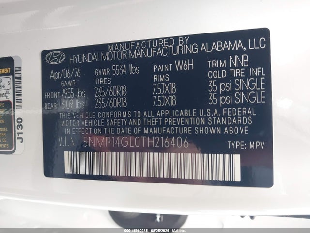 Aukcja sprzedaży 2026 Hyundai Santa Fe Se, vin: 5NMP14GL0TH216406, numer aukcji: 45960285