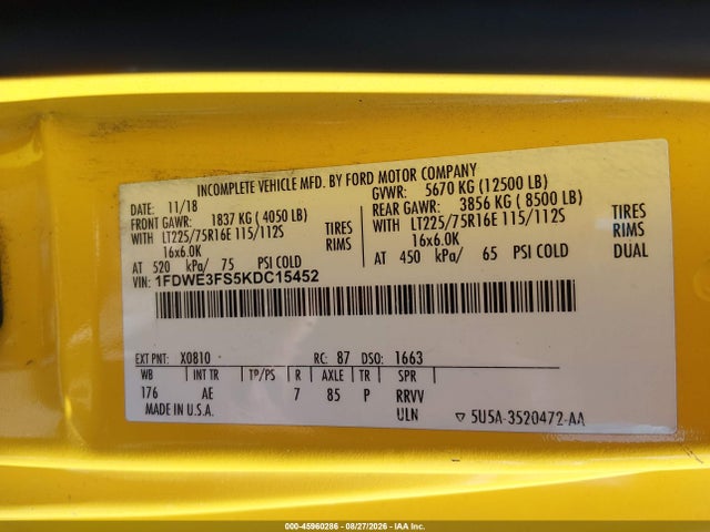 2019 Ford E-350 Cutaway მანქანა იყიდება აუქციონზე, vin: 1FDWE3FS5KDC15452, აუქციონის ნომერი: 45960286