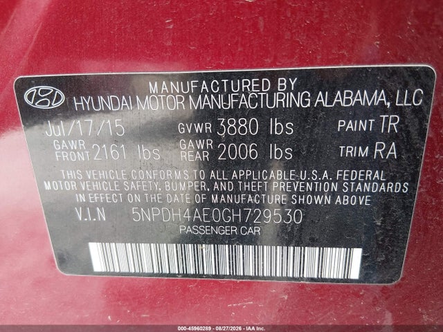 Продажа на аукционе авто 2016 Hyundai Elantra Se, vin: 5NPDH4AE0GH729530, номер лота: 45960289
