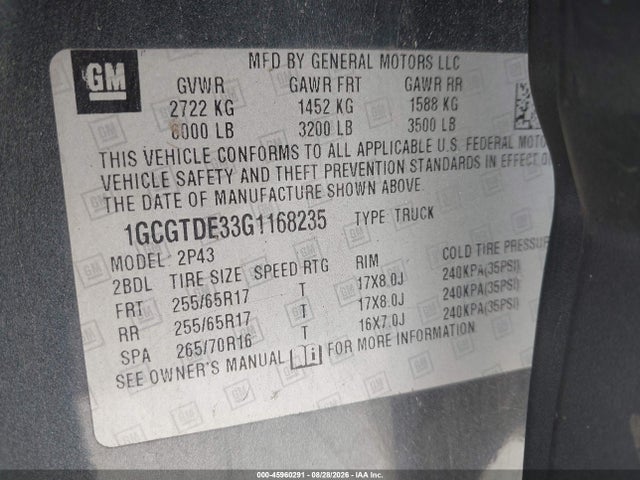 Aukcja sprzedaży 2016 Chevrolet Colorado 4wd Z71, vin: 1GCGTDE33G1168235, numer aukcji: 45960291