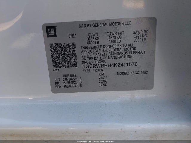 Продаж на аукціоні авто 2019 Chevrolet Silverado 1500 Custom, vin: 1GCRWBEH4KZ411576, номер лоту: 45960295