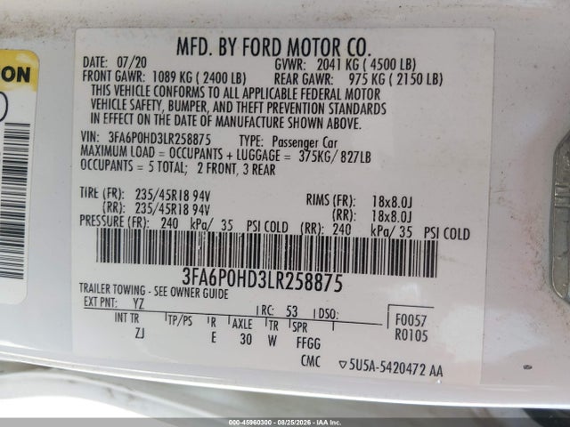 Продаж на аукціоні авто 2020 Ford Fusion Se, vin: 3FA6P0HD3LR258875, номер лоту: 45960300