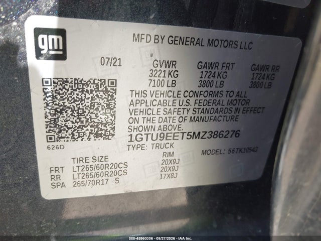 2021 Gmc Sierra 1500 4wd  Short Box At4 მანქანა იყიდება აუქციონზე, vin: 1GTU9EET5MZ386276, აუქციონის ნომერი: 45960306