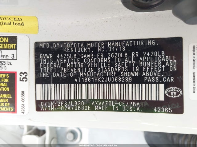 45960307 :رقم المزاد ، 4T1B61HK2JU068289 vin ، 2018 Toyota Camry Xse مزاد بيع