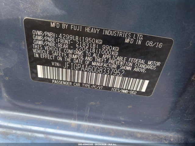 2016 Subaru Impreza 2.0i მანქანა იყიდება აუქციონზე, vin: JF1GPAA60G8337952, აუქციონის ნომერი: 45960308