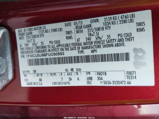 45960310 :رقم المزاد ، 1FMCU0J98FUC60593 vin ، 2015 Ford Escape Titanium مزاد بيع