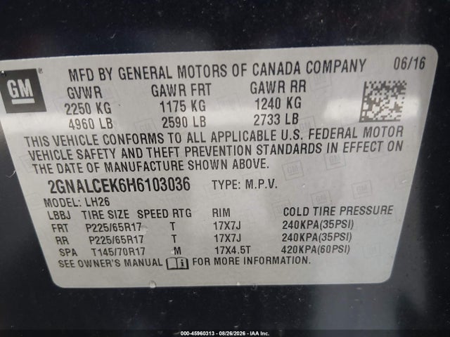 45960313 :رقم المزاد ، 2GNALCEK6H6103036 vin ، 2017 Chevrolet Equinox Lt مزاد بيع