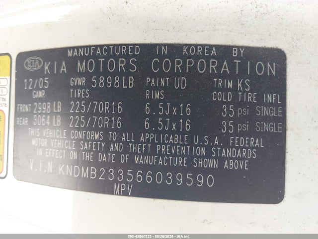 45960323 :رقم المزاد ، KNDMB233566039590 vin ، 2006 Kia Sedona Ex/lx مزاد بيع