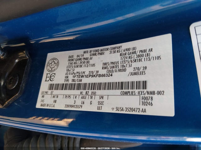 Aukcja sprzedaży 2019 Ford F-150 Lariat, vin: 1FTEW1EP9KFB66324, numer aukcji: 45960326