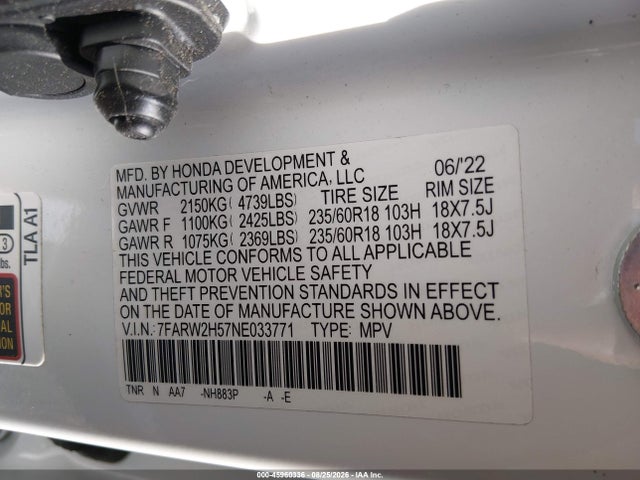 Продаж на аукціоні авто 2022 Honda Cr-v Awd Ex, vin: 7FARW2H57NE033771, номер лоту: 45960336