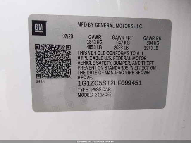 Aukcja sprzedaży 2020 Chevrolet Malibu Fwd 1fl, vin: 1G1ZC5ST2LF099451, numer aukcji: 45960340
