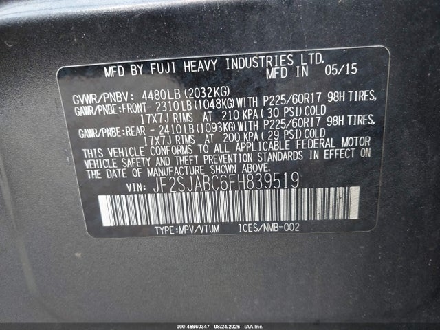 45960347 :رقم المزاد ، JF2SJABC6FH839519 vin ، 2015 Subaru Forester 2.5i مزاد بيع