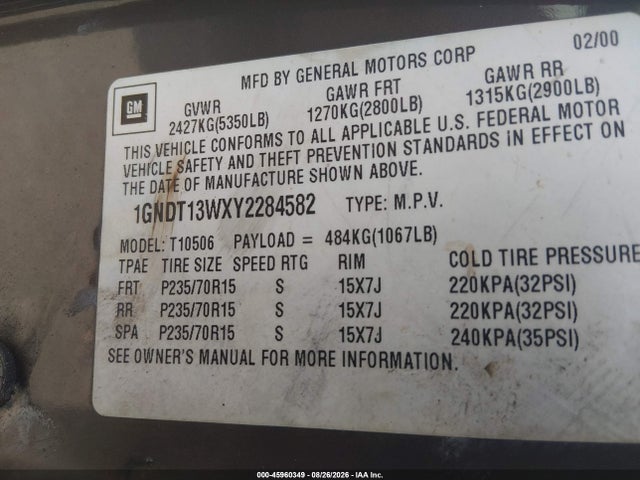 45960349 :رقم المزاد ، 1GNDT13WXY2284582 vin ، 2000 Chevrolet Blazer مزاد بيع