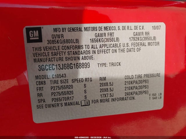 Aukcja sprzedaży 2008 Chevrolet Silverado 1500 Lt1, vin: 3GCEC13J68G168899, numer aukcji: 45960355