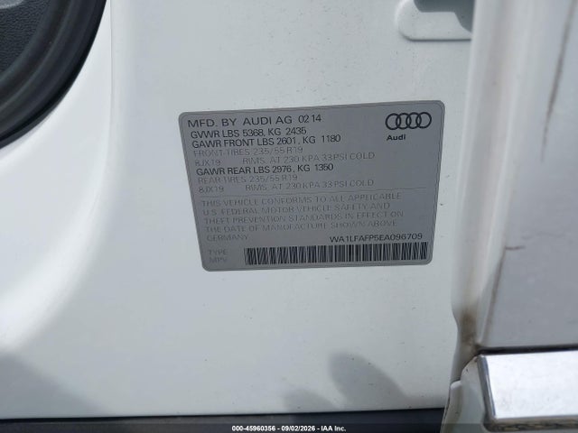 Продажа на аукционе авто 2014 Audi Q5 2.0t Premium, vin: WA1LFAFP5EA096709, номер лота: 45960356