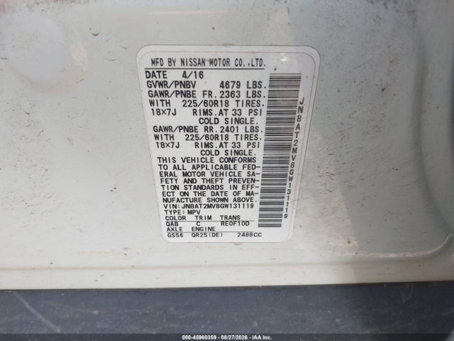 Aukcja sprzedaży 2016 Nissan Rogue Sl, vin: JN8AT2MV8GW131119, numer aukcji: 45960359