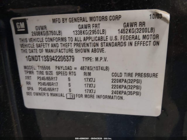 45960361 :رقم المزاد ، 1GNDT13S942206379 vin ، 2004 Chevrolet Trailblazer Lt مزاد بيع