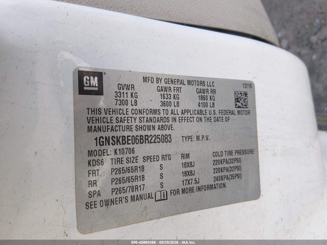 Продажа на аукционе авто 2011 Chevrolet Tahoe Lt, vin: 1GNSKBE06BR225083, номер лота: 45960366