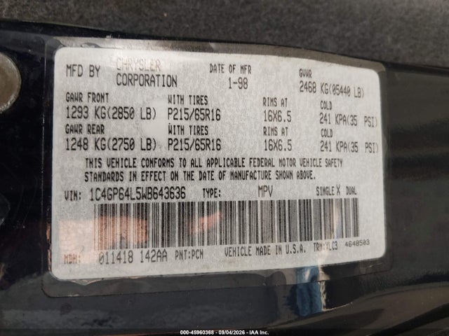 Продажа на аукционе авто 1998 Chrysler Town & Country Lxi, vin: 1C4GP64L5WB643636, номер лота: 45960368