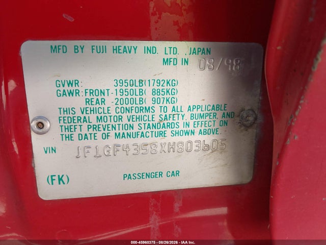 Продажа на аукционе авто 1999 Subaru Impreza L, vin: JF1GF4358XH803605, номер лота: 45960375