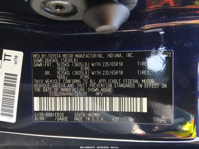 2022 Toyota Highlander Xle მანქანა იყიდება აუქციონზე, vin: 5TDGZRAH4NS137699, აუქციონის ნომერი: 45960378