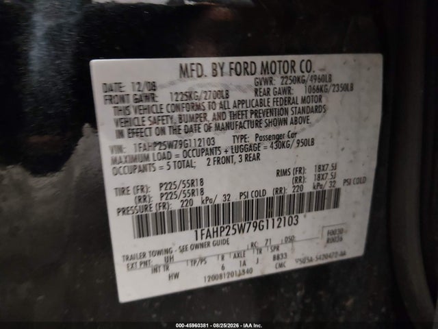 Aukcja sprzedaży 2009 Ford Taurus Limited, vin: 1FAHP25W79G112103, numer aukcji: 45960381
