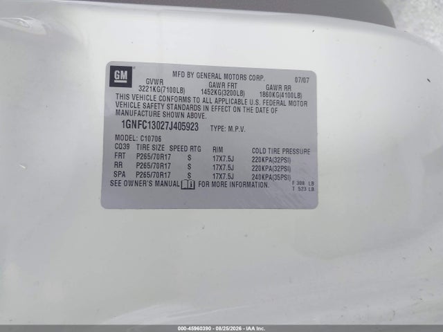 2007 Chevrolet Tahoe Lt მანქანა იყიდება აუქციონზე, vin: 1GNFC13027J405923, აუქციონის ნომერი: 45960390