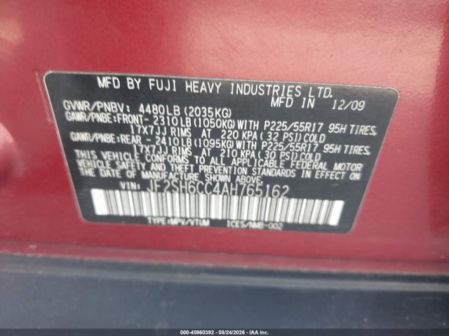 45960392 :رقم المزاد ، JF2SH6CC4AH765162 vin ، 2010 Subaru Forester 2.5x Premium مزاد بيع